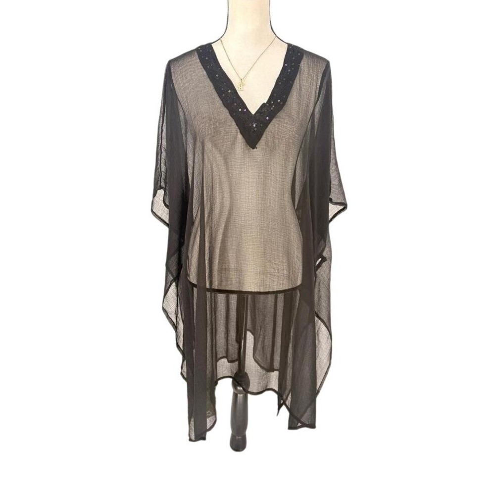 WANT Black Sheer Sequined V Neck Kaftan Cover Up One Size Fits Most
